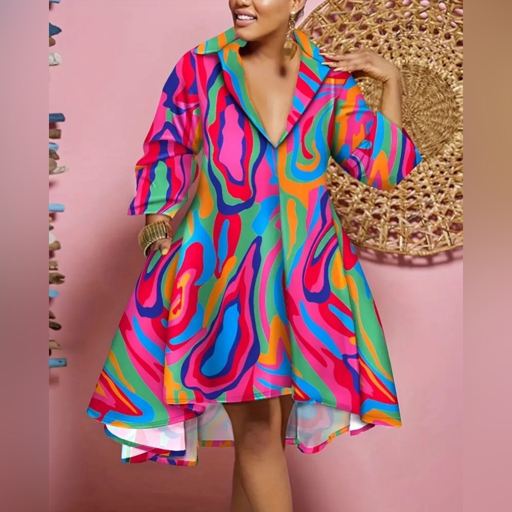 Abstract Ripple Print Dress, Casual V Neck 3/4 Sleeve Dress